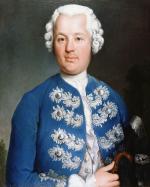 Oil on canvas of a man wearing a blue, embellished jacket and powdered wig.